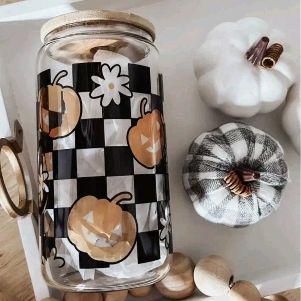 Beer Can Glass Halloween Checkered‎ Pumpkin Glass 16 Oz With Bamboo Lid NWT